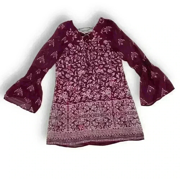 Speechless Dress Womens Medium Burgundy Red Floral Chiffon Lined Bell Sleeve - Picture 2 of 5